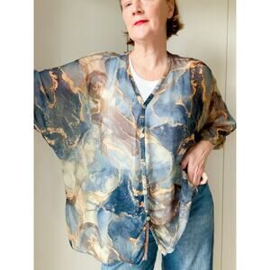 Tina Stevens Silk Watercolor print Blouse OSFM Made in Italy Blue Easy Style